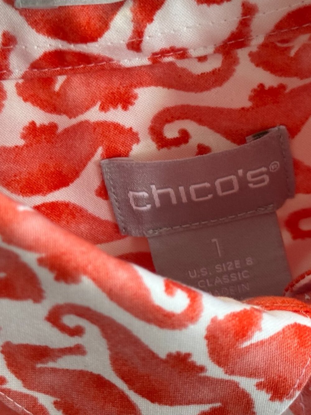 Chico’s Seahorse Print Button Front Blouse Size 1 Medium - Picture 3 of 3